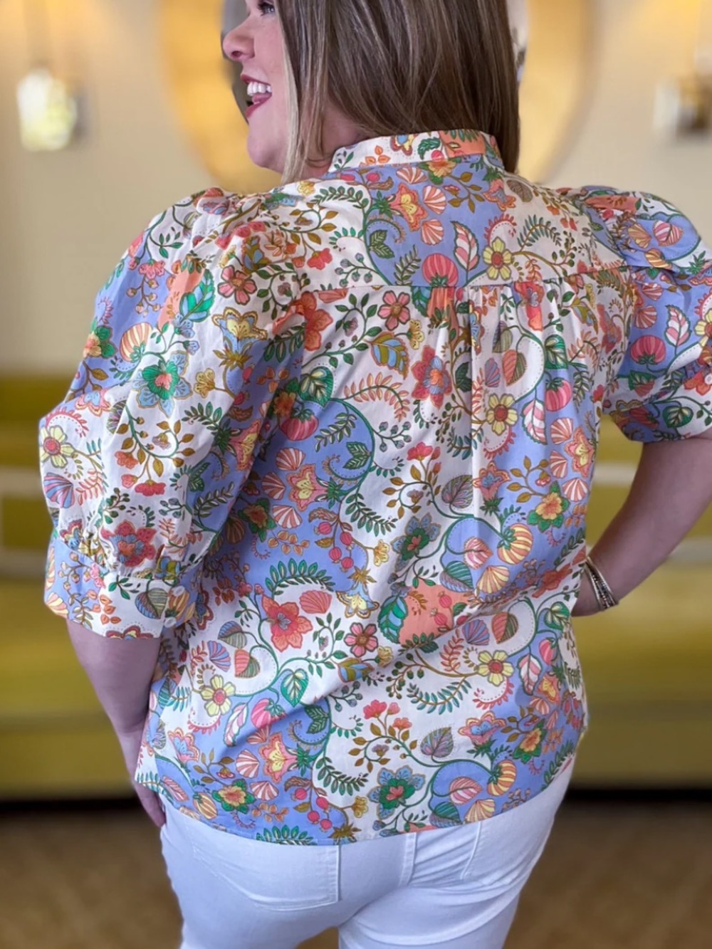 Sugarlips Floral Puff Sleeve Button-Back Blouse - Pastel Multicolor - Picture 5 of 11